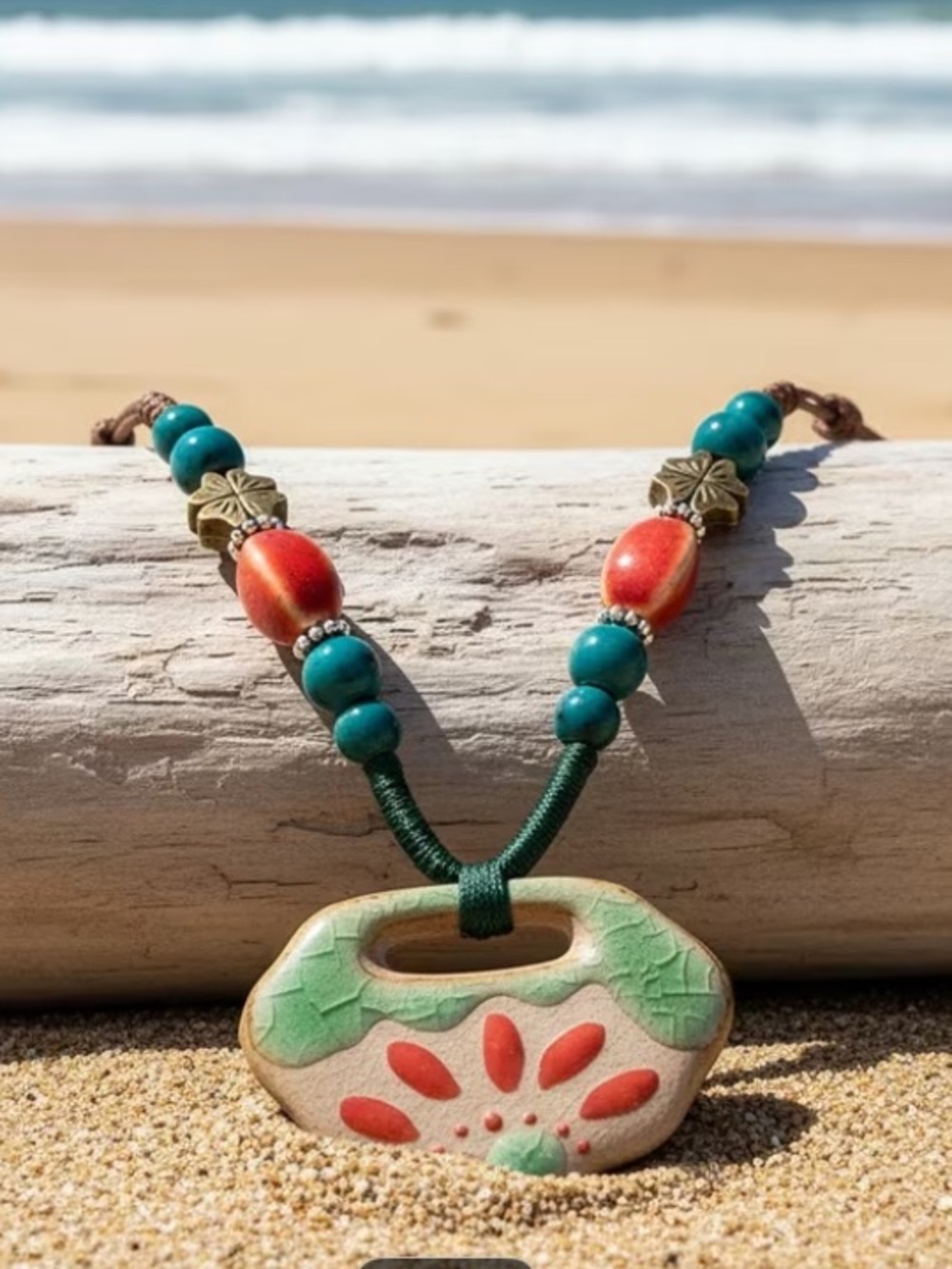 Boho Green and Coral Ceramic Pendant Necklace